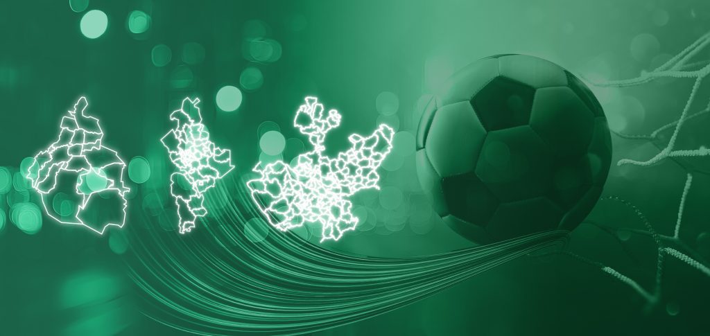 Mapa con las tres sedes del Mundial resaltadas, íconos de estadios y trazos de rutas aéreas, con estética profesional y deportiva.