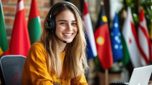 Equipo multicultural poniendo en práctica sus habilidades blandas en proyecto de traducción con herramientas digitales