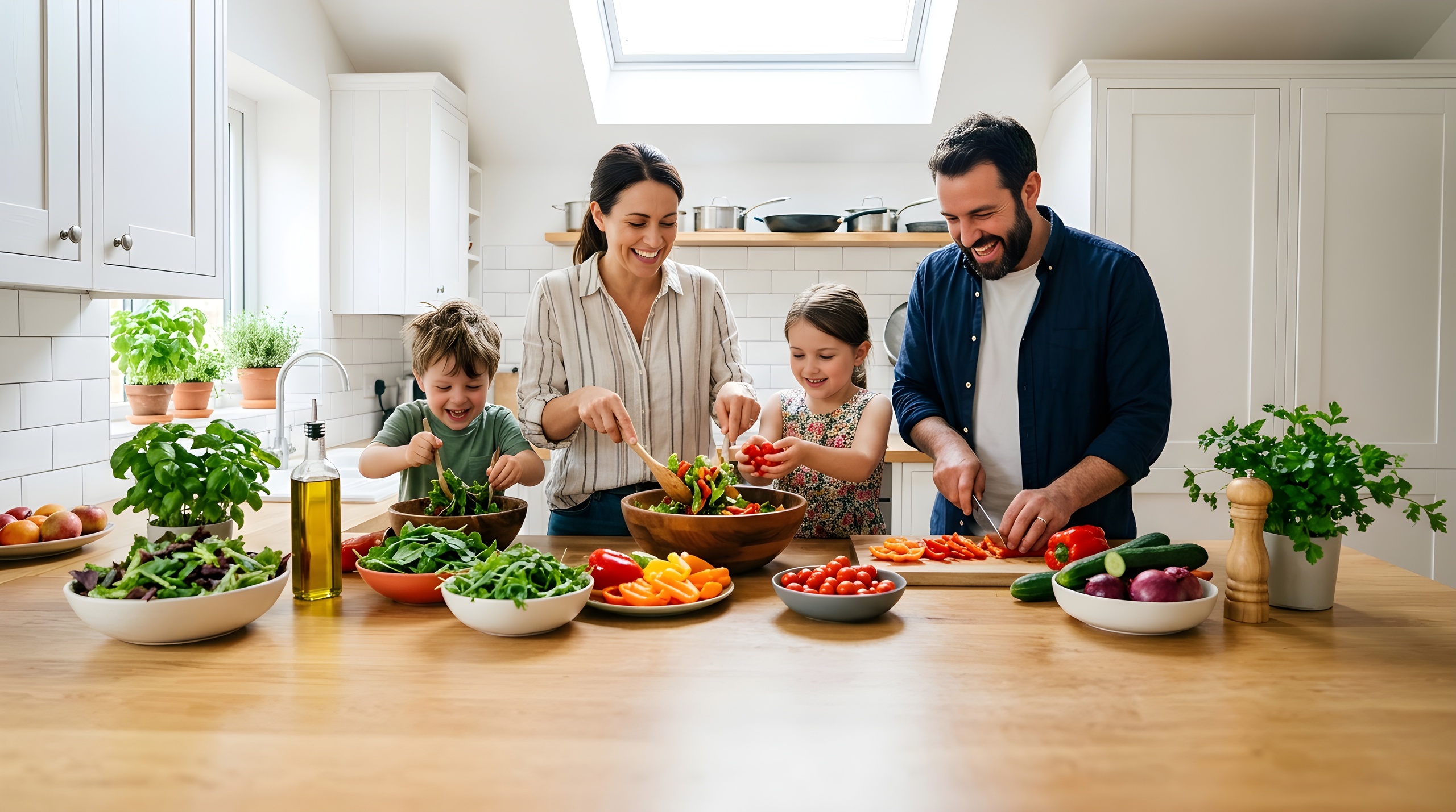 madre preparando comida saludable con familia en casa en pro de la salud materna