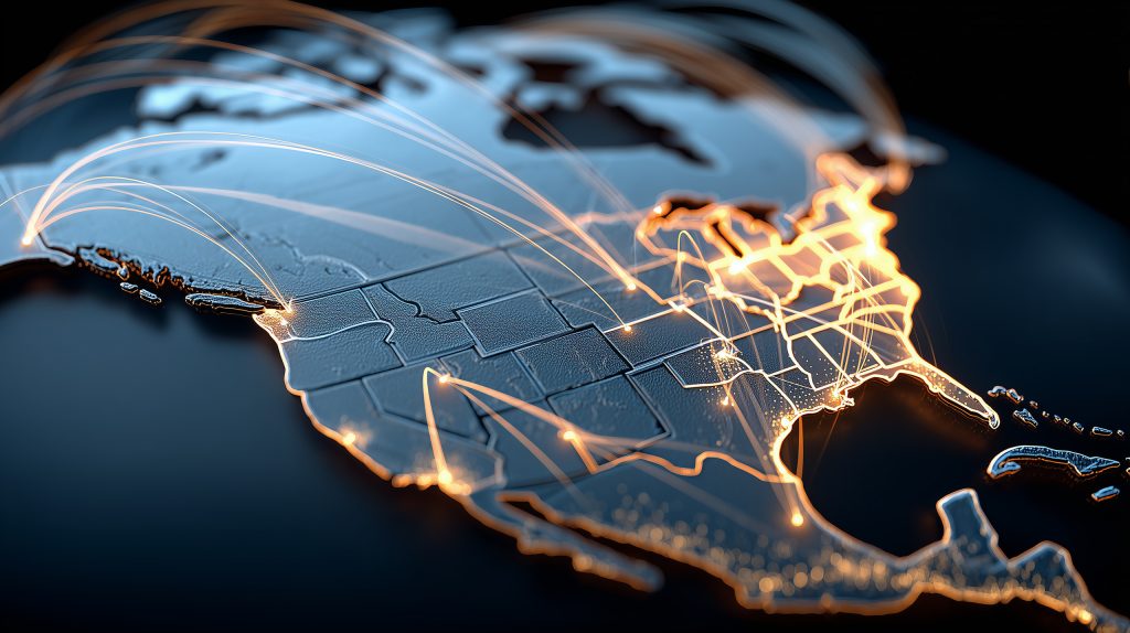 Intercambio comercial entre México y Estados Unidos a través de infraestructura fronteriza y cadenas de suministro.
