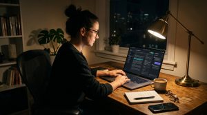Guionista utilizando inteligencia artificial como apoyo en el proceso de escritura audiovisual.
