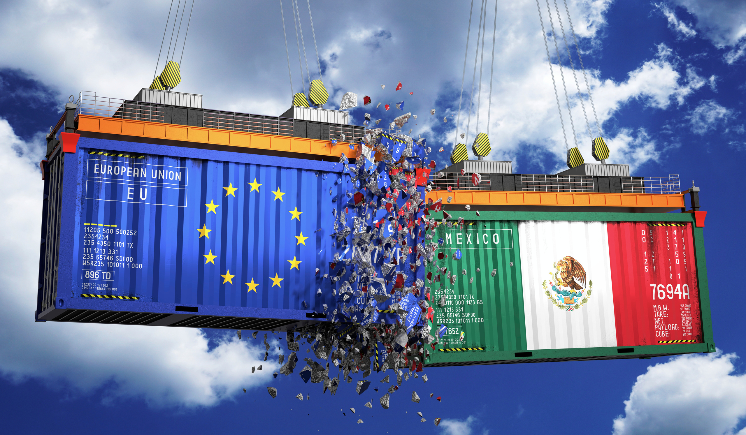Contenedores de carga en un puerto, representando el comercio bilateral México-Unión Europea