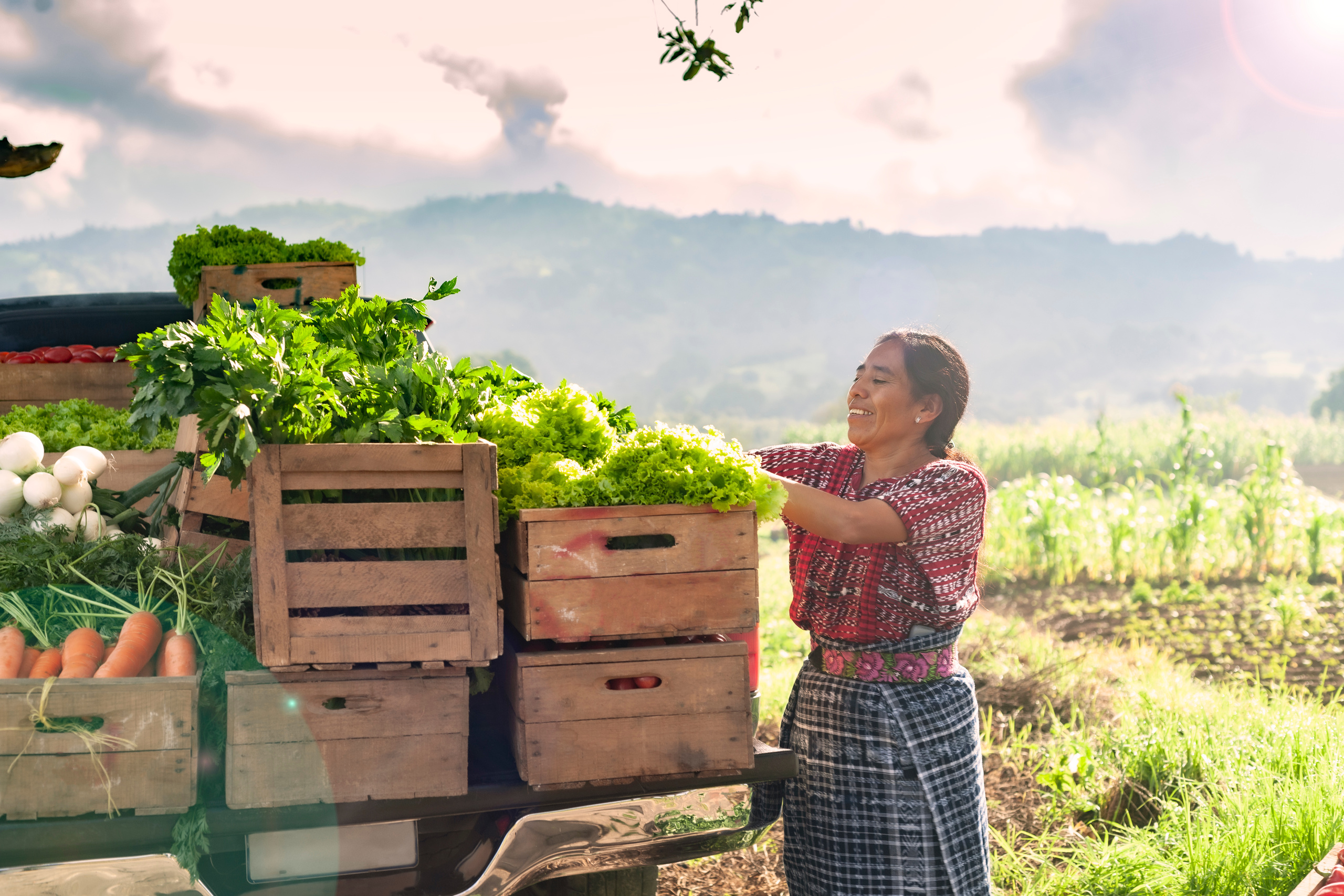 Mujer rural trabajando en el campo, representando su papel en la seguridad alimentaria y la nutrición