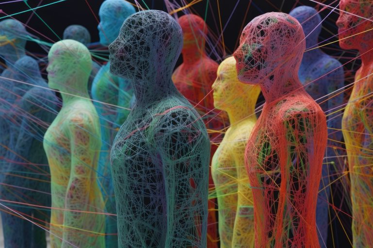 Group of faceless transparent people made of colored wires under a wired net, generative ai illustration
